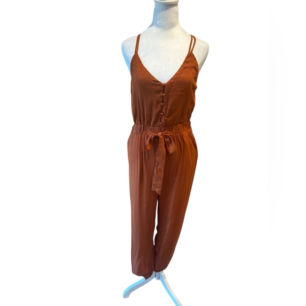 Mustard Seed Brown Jumpsuit with Cinched Waist and neck